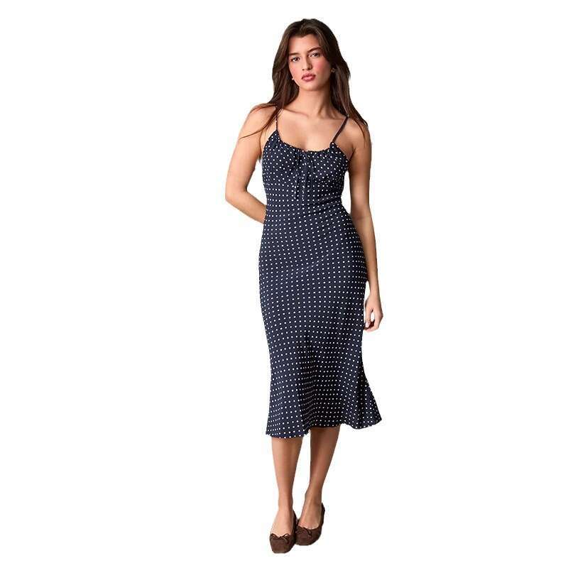 Womandress Fulllace Beach Dress Designer Dress 054 # Rayon Dark Blue Polka Dot Halter Neck Strap Dress 2025 Summer New French Style Womens Fashion