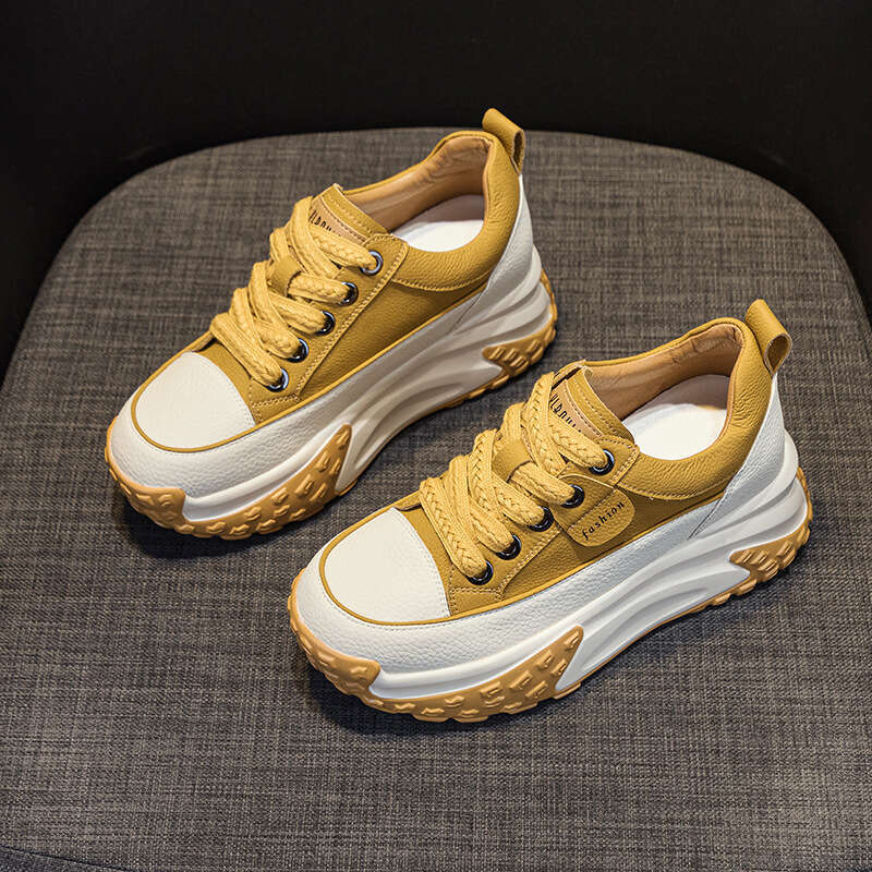 Leather Surface Platform Dad For Women, Autumn 2025 New New Lightweight Hidden Heel Casual Sneakers, Thick Sole Single Shoes