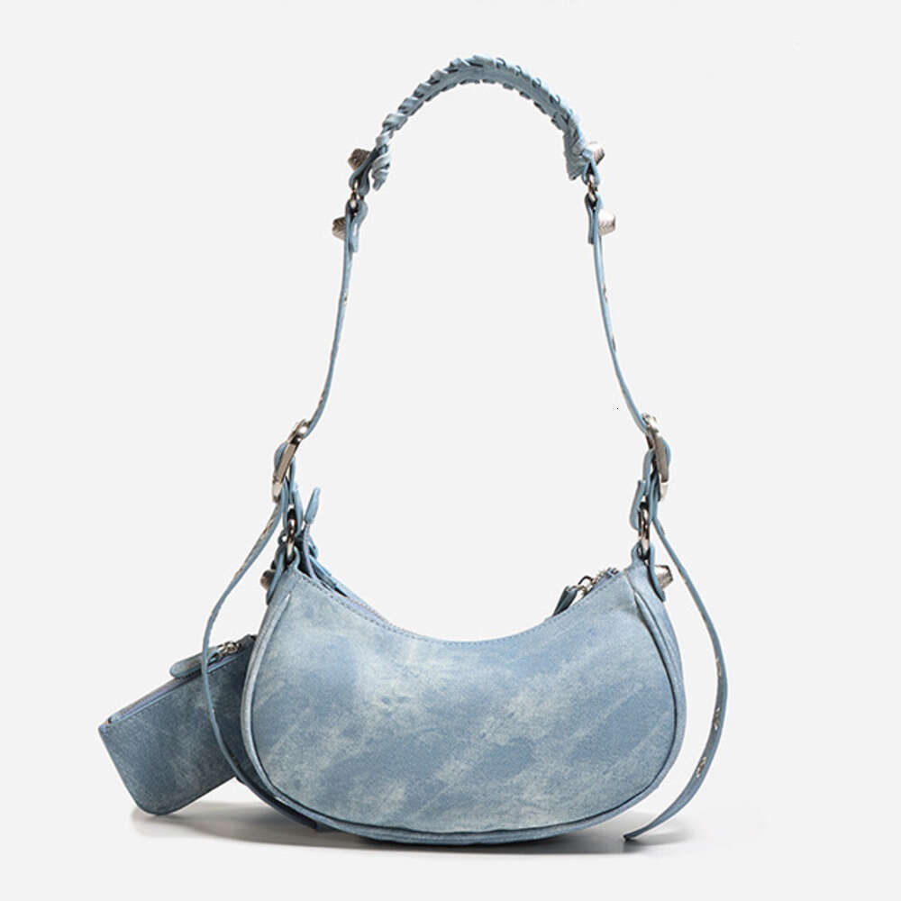 Genuine Leather Denim Blue Spicy Girl Motorcycle High Quality Underarm Crossbody Bag for Women with Tassels and Rivets