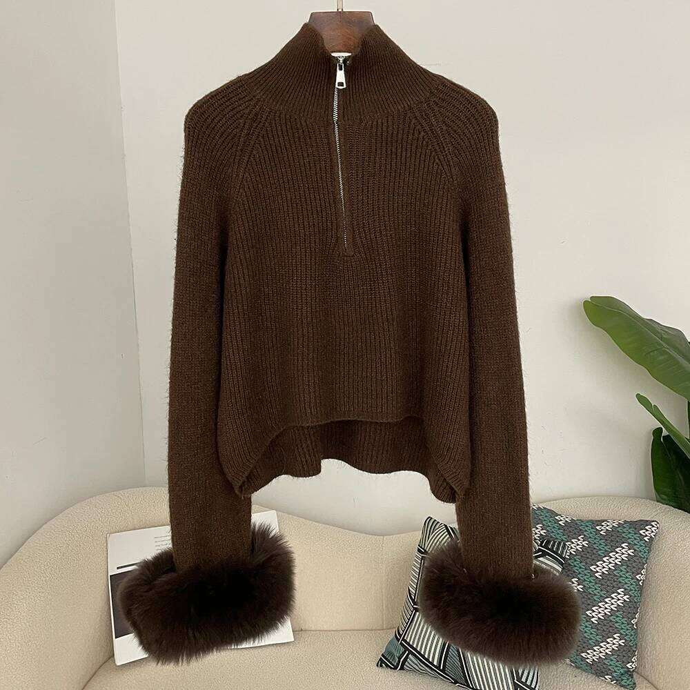 OFTBUY Spring Pullover New Women Zipper Underlay Loose Premium Sweater Female Autumn Knitwear Patchwork Real Fur Coat