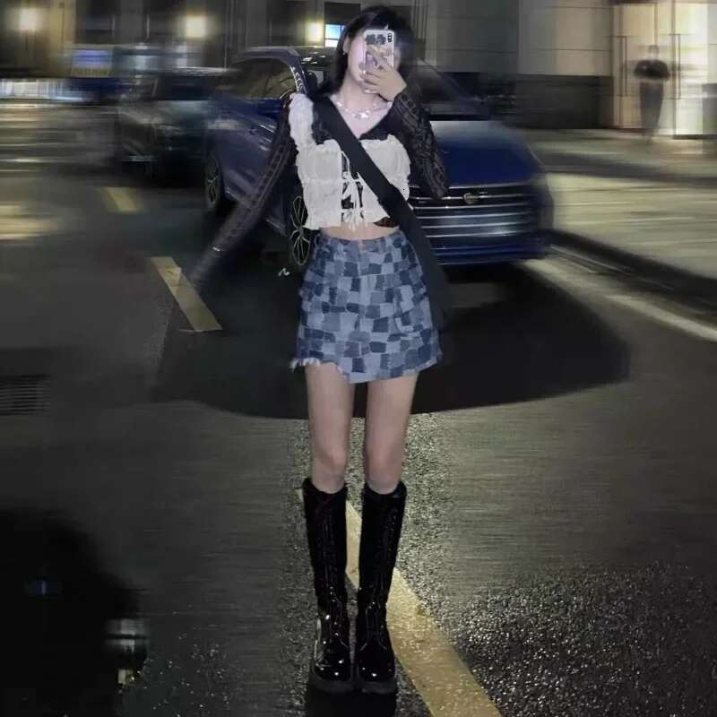 With Pocket Sexy Womens Denim Skirt Female Jeans Skirts High Waist Tight Short Coquette Mini Plaid Wrap Y2k Vintage Aesthetic V