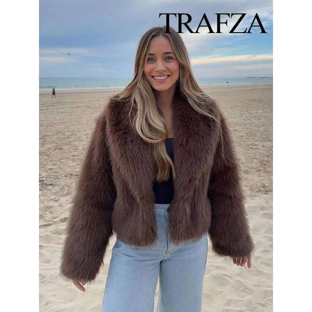 TRAFZA Woman Turn-Down Collar Loose Outerwear Women Elegant Solid Faux Fur Jackets Casual Long Sleeves For Warmth Winter Coat