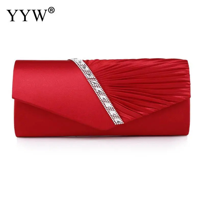 Folds Rhinestone Decor Chain Clutch Bags For Women Red Evening Party Clucth Envelope Bag Female Girl Shoulder Pouch 250617