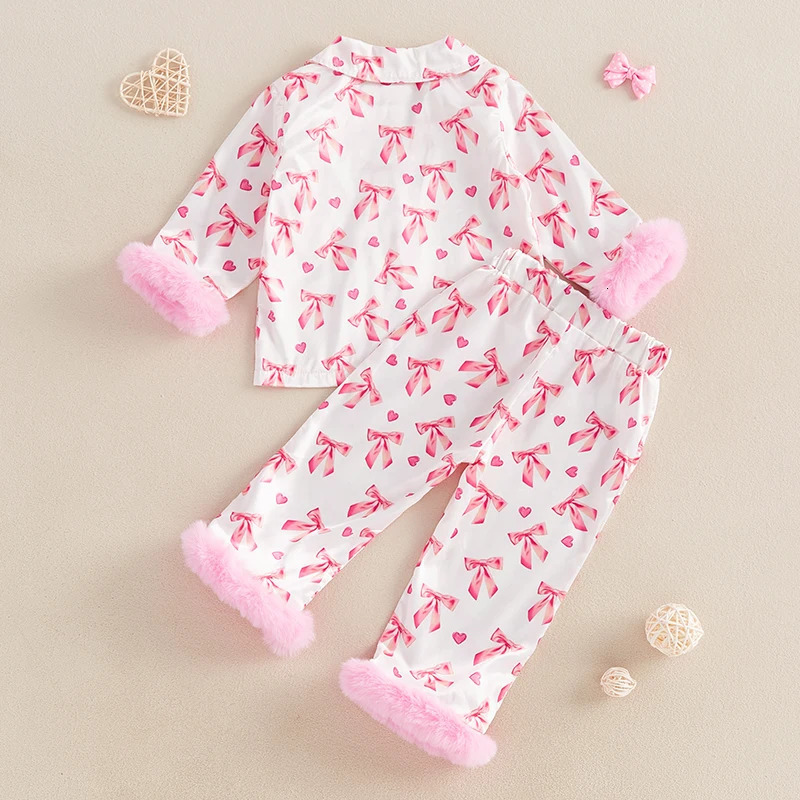 Baby Girl Silk Pajamas Set Floral Girl Button Down Feather Trim Sleeve Shirts and Pants Valentines Day Satin Pj Sets 250617