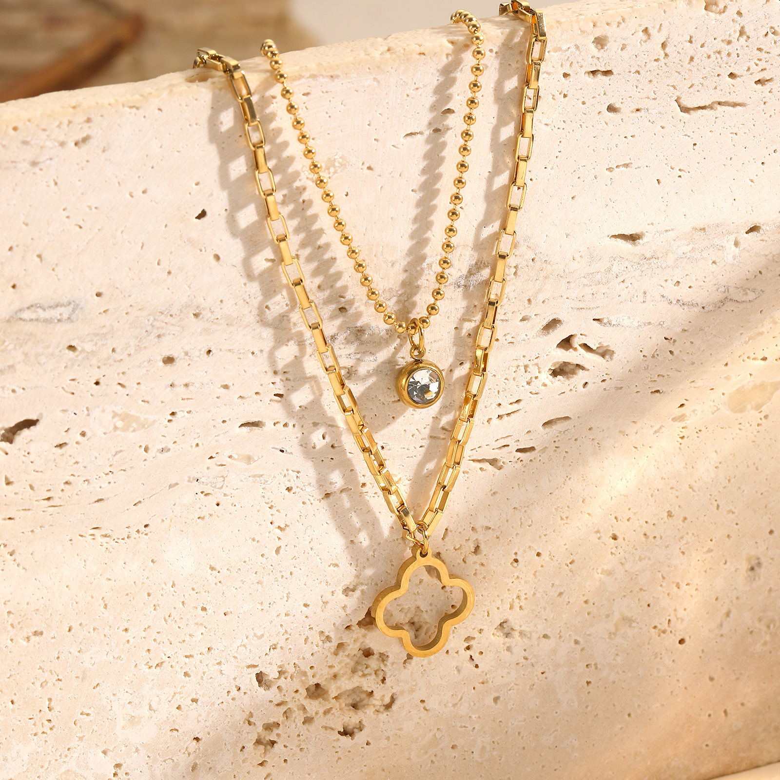 Double Layer Hollow Clover Titanium Steel Necklace for Women Multi-layer with Pendant