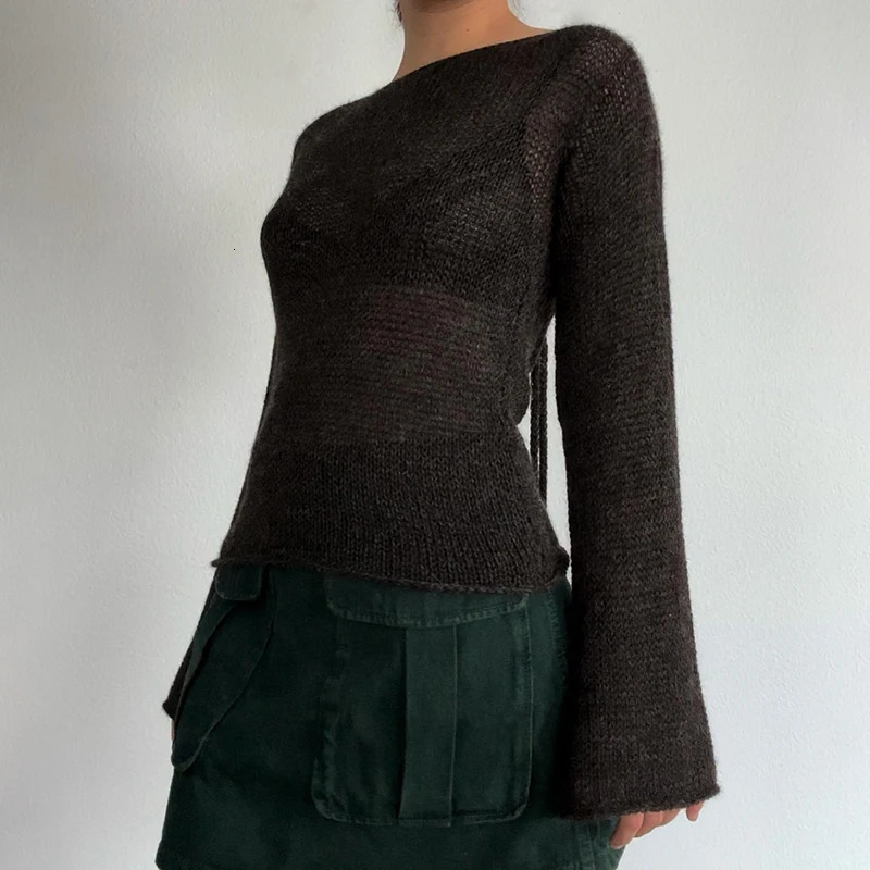Retro Backless Tie Back Sweaters Knitted Sweater Women Bandage Jumpers Autumn Outfits Streetwear 250614