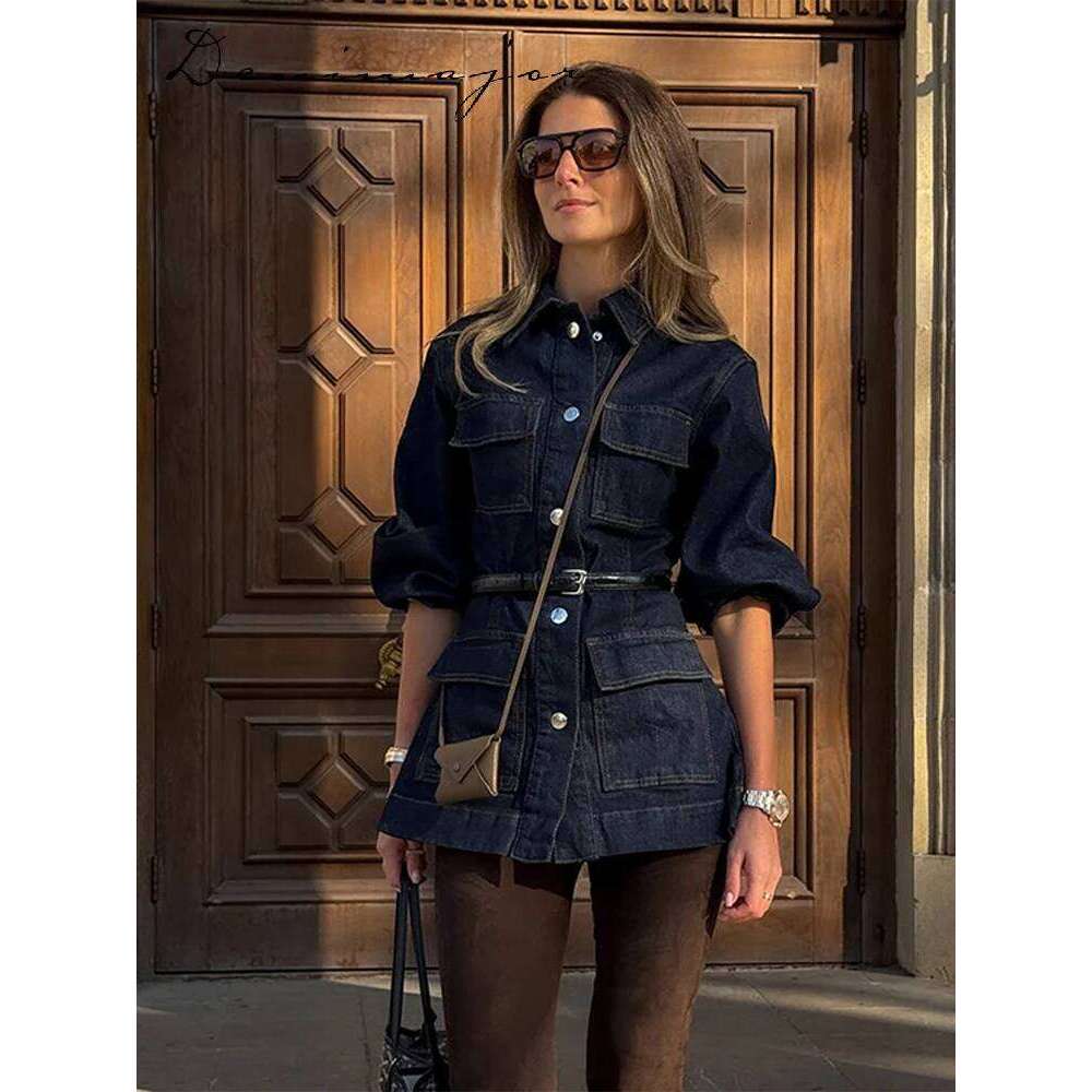 Vintage Belt Denim Coat Women Solid Lapel Long Sleeve Pockets Mid Length Female Jacket 2025 Spring Fashion Street Lady Outwear
