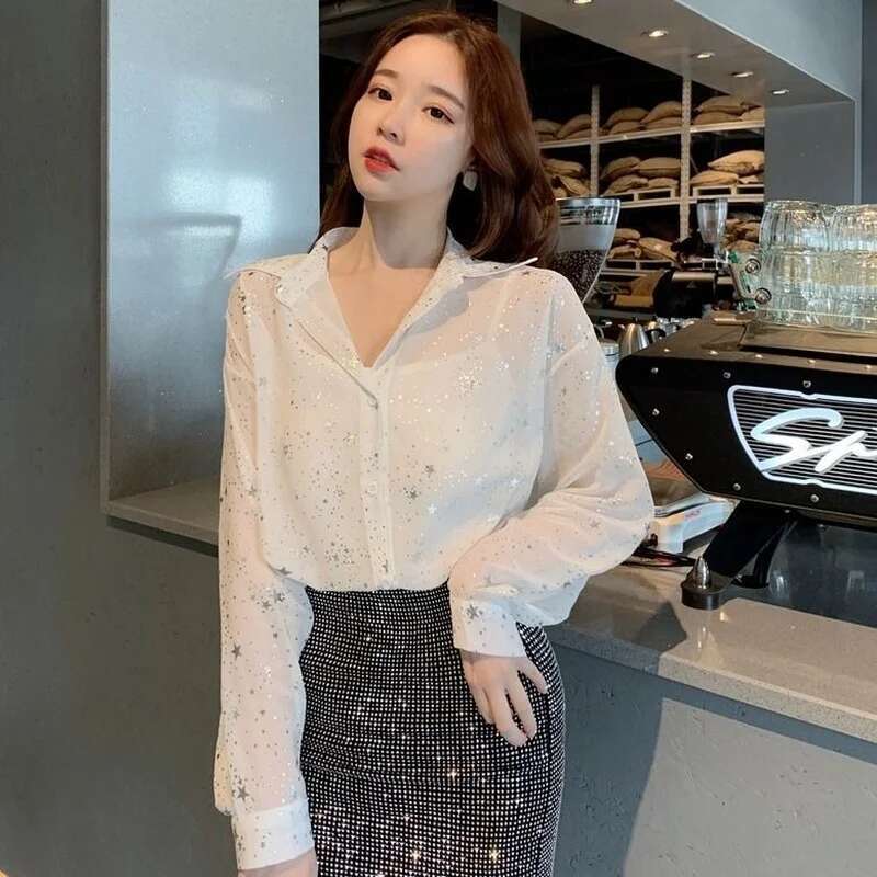 Womens Shirts and Blouses Long Sleeve Clothing Chiffon Spring Top for Woman Pattern White Elegant Chic Youth Y2k Fashion 2025 M