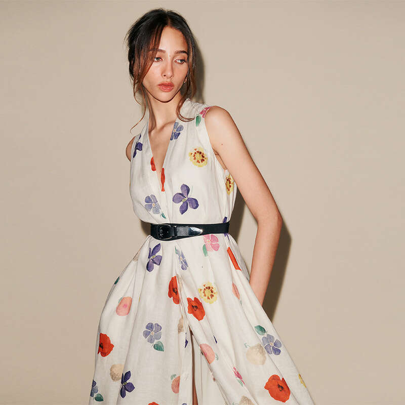 Dresses for Woman Whitedress Bodysuit 850 Without Belt Summer New 2025 Printed Linen Long V-neck Dress French Elegant