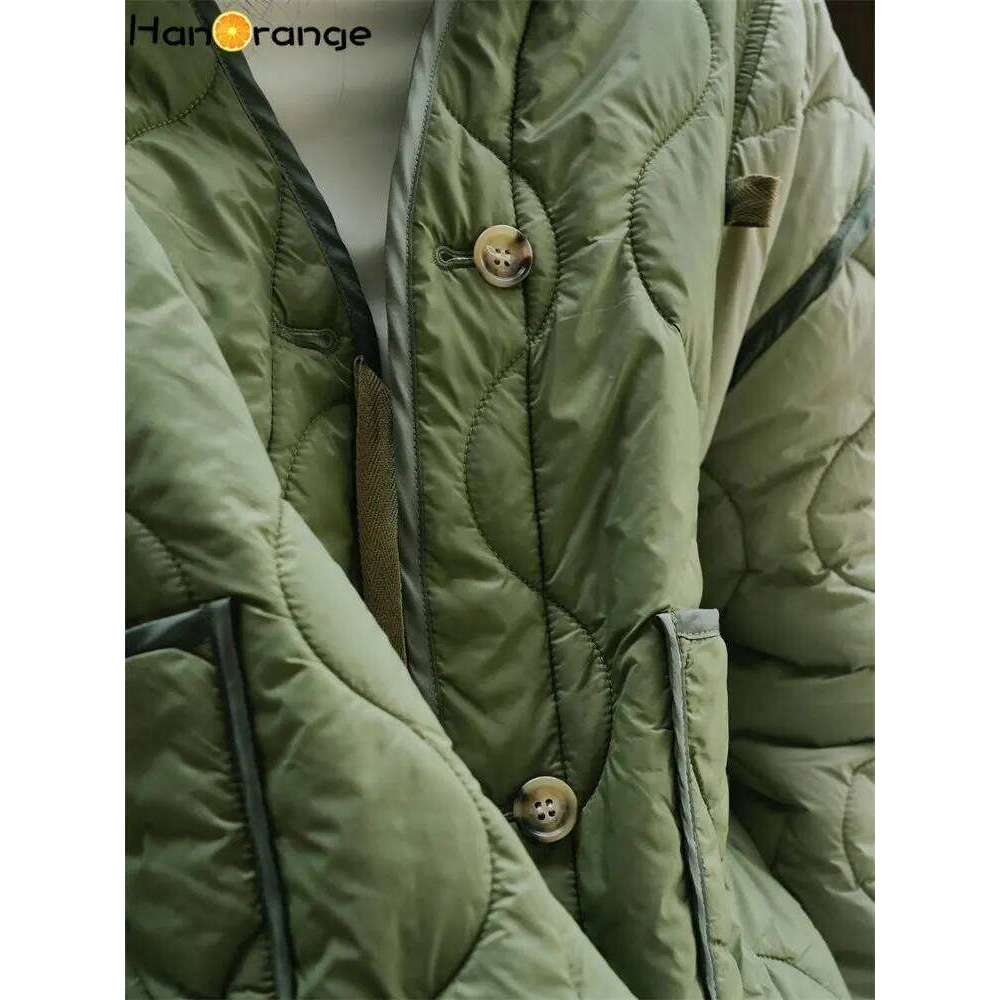HanOrange 2024 Winter Color Contrast Cotton Padded Jacket Women Loose Light Casual Warm Parkas Female Sense Design Black/Green