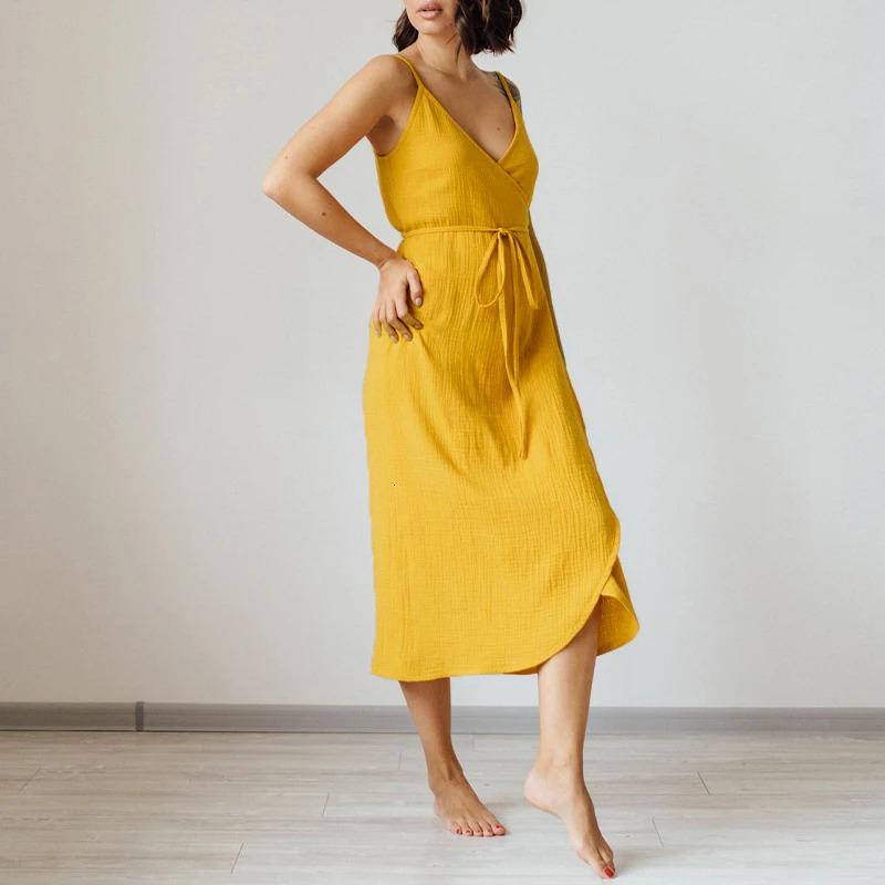Vintage WomenS Dress 100% Cotton Crepe Gauze V-Neck Sleeveless Bandage Long Maxi Elegant Dresses For Women 250616
