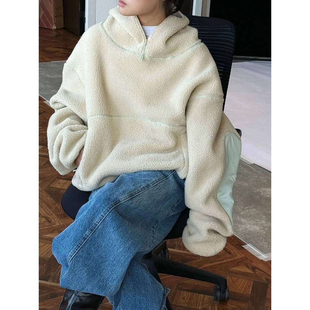 Winter women's casual solid color loose hooded sweatshirt