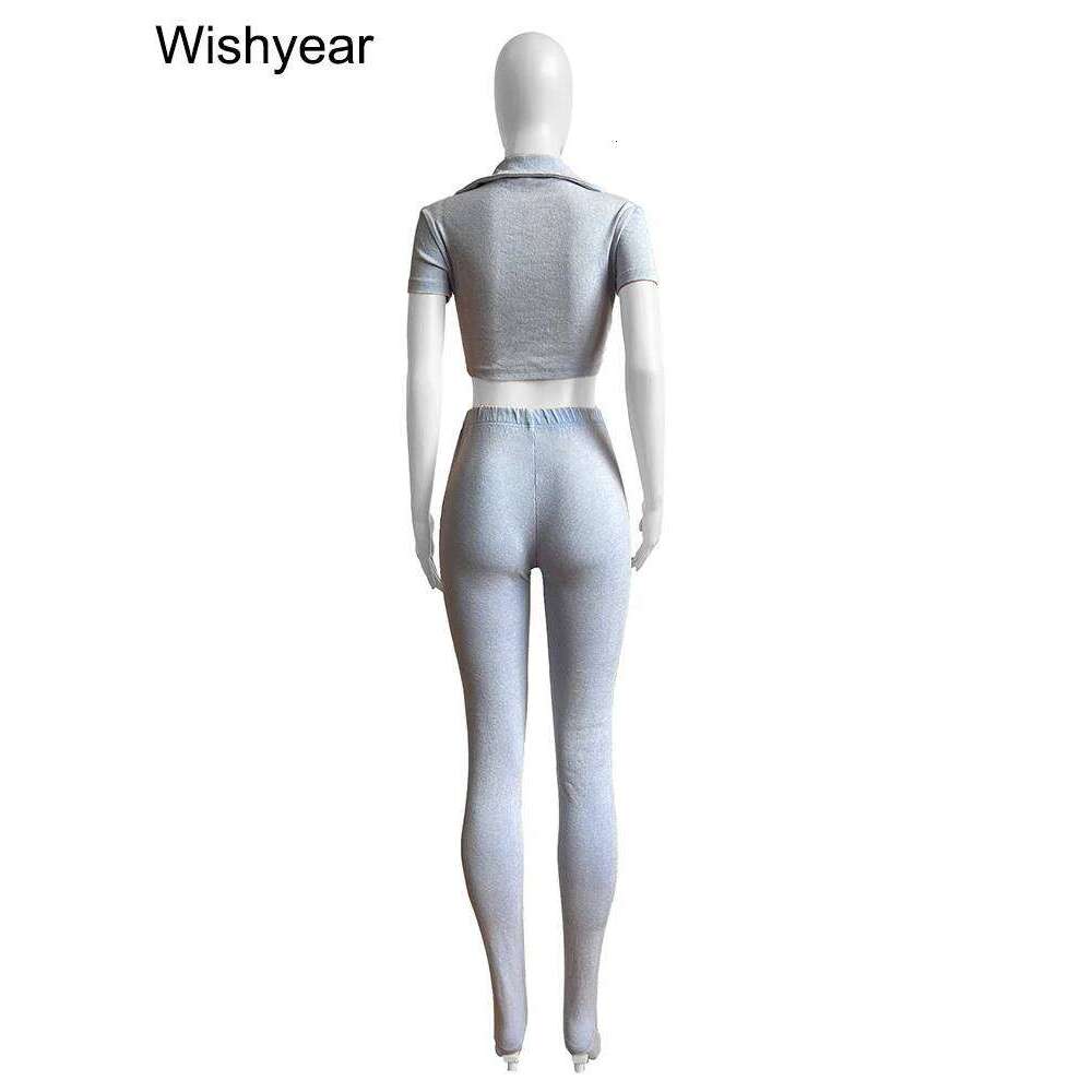Casual Summer Gray Short Sleeve Corest Crop Top and Leggings Tracksuits Set Two 2 Pieces Pants Sets Women Ribbed Fiess Outfits