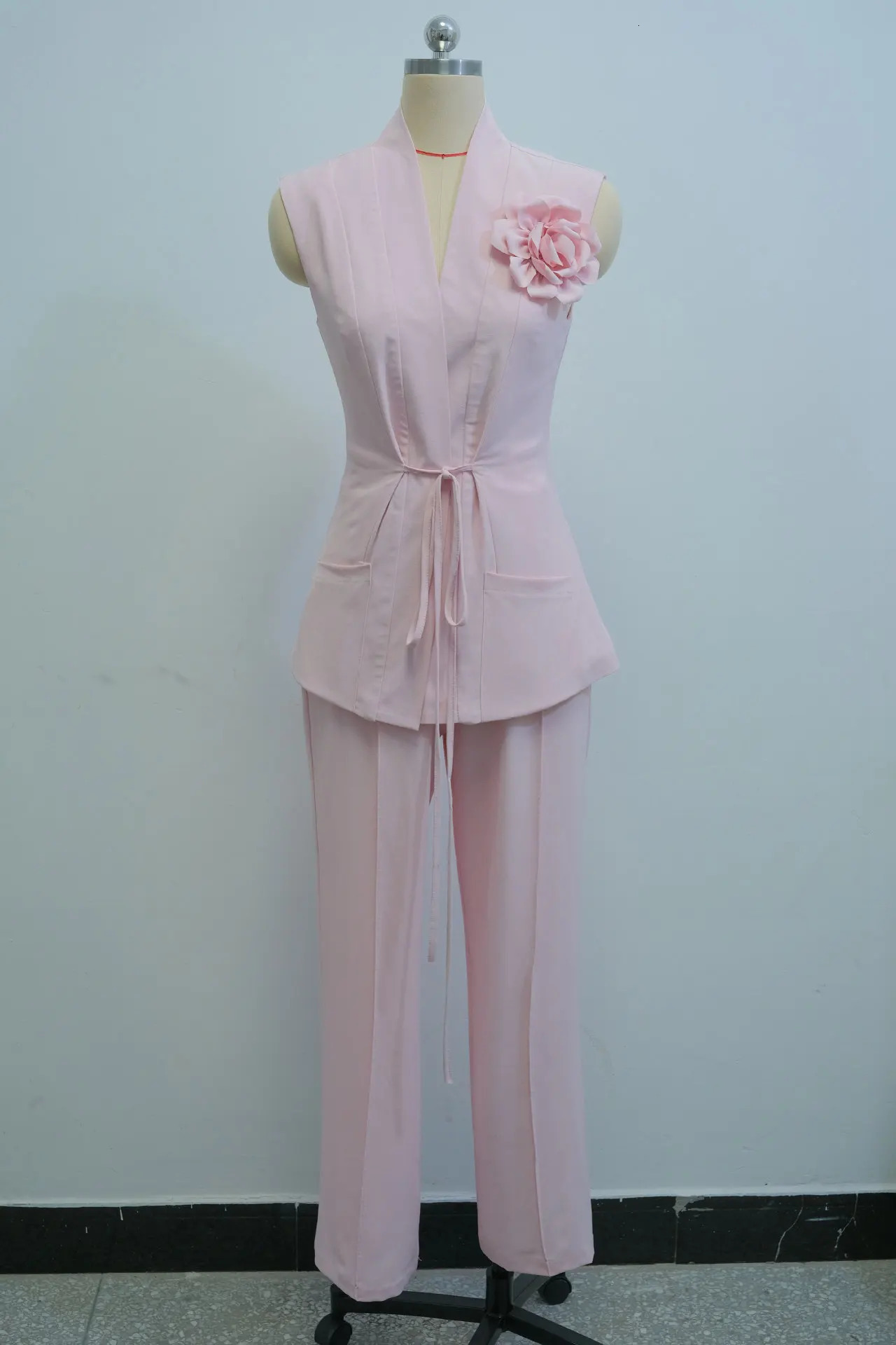 CMYAYA Fashion Womens Set Sleeveless Floral Vneck Blazer Tops and Wide Leg Pants Suit Chic Summer Two 2Piece Sets Outfit 250612