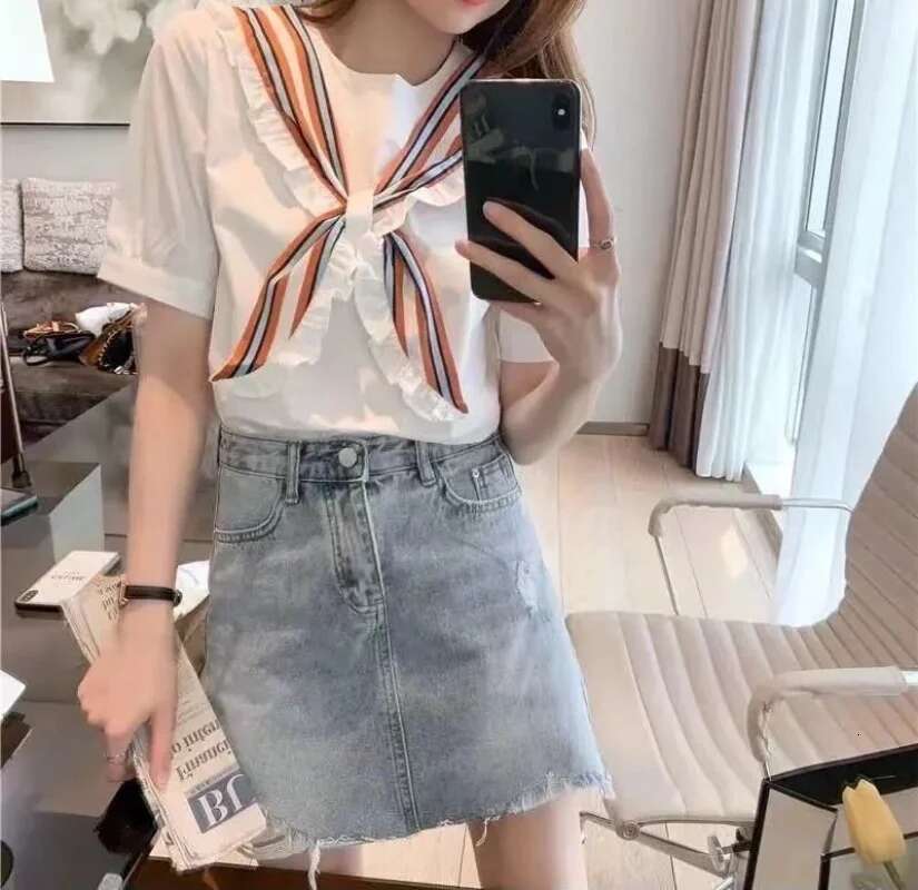 Top For Woman White Clothing Kawaii Womens Shirts And Blouses With Bow Short Sleeve Cute Frill Ruffle Offer Youthful Emo Tall