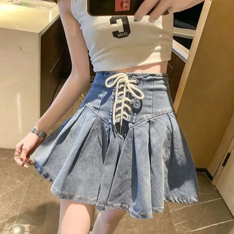 With Strings Jeans Skirts for Women Short High Quality Casual Cheap Y2k Vintage Stylish Streetwear New In Woman Denim Skirt