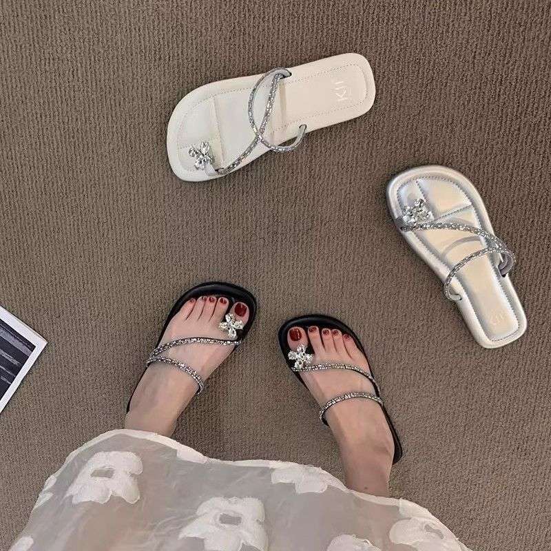 Women's flat bottomed rhinestone shoes summer outdoor new women's sandals designer sandals beach soft soled women's slippers