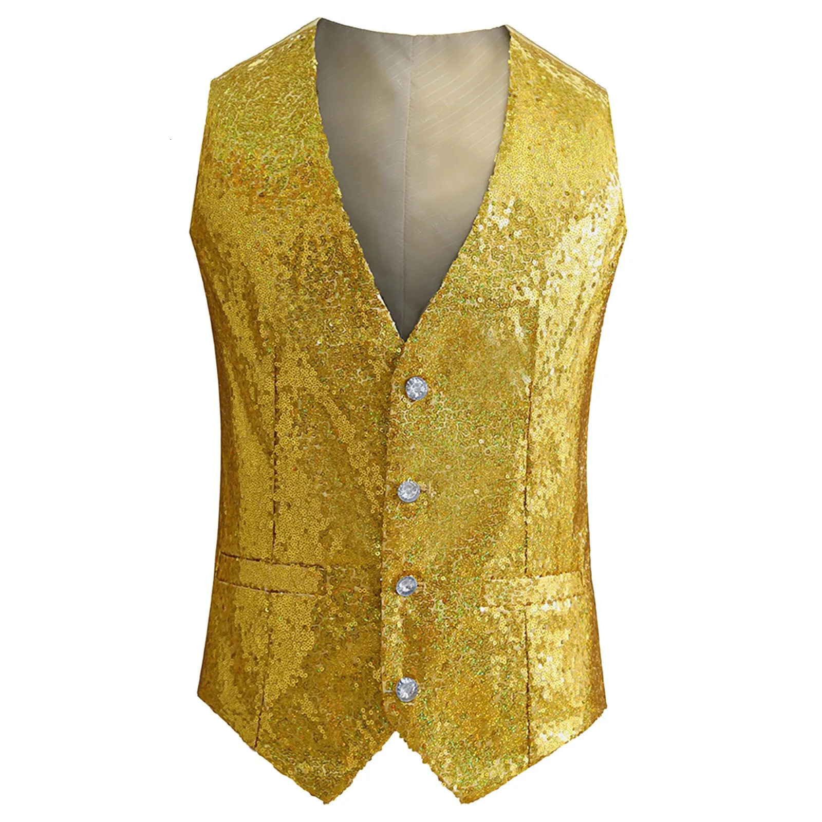 Mens Fashion Sleeveless Sequined Blazer Vest Nightclub DJ Performance Stage Wedding Host Shiny Gold Sequin Bling Glitter Vest 250614CJ