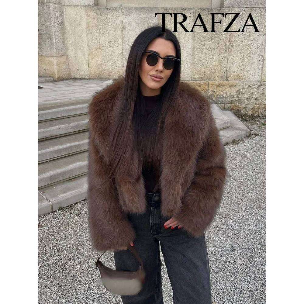 TRAFZA Woman Turn-Down Collar Loose Outerwear Women Elegant Solid Faux Fur Jackets Casual Long Sleeves For Warmth Winter Coat