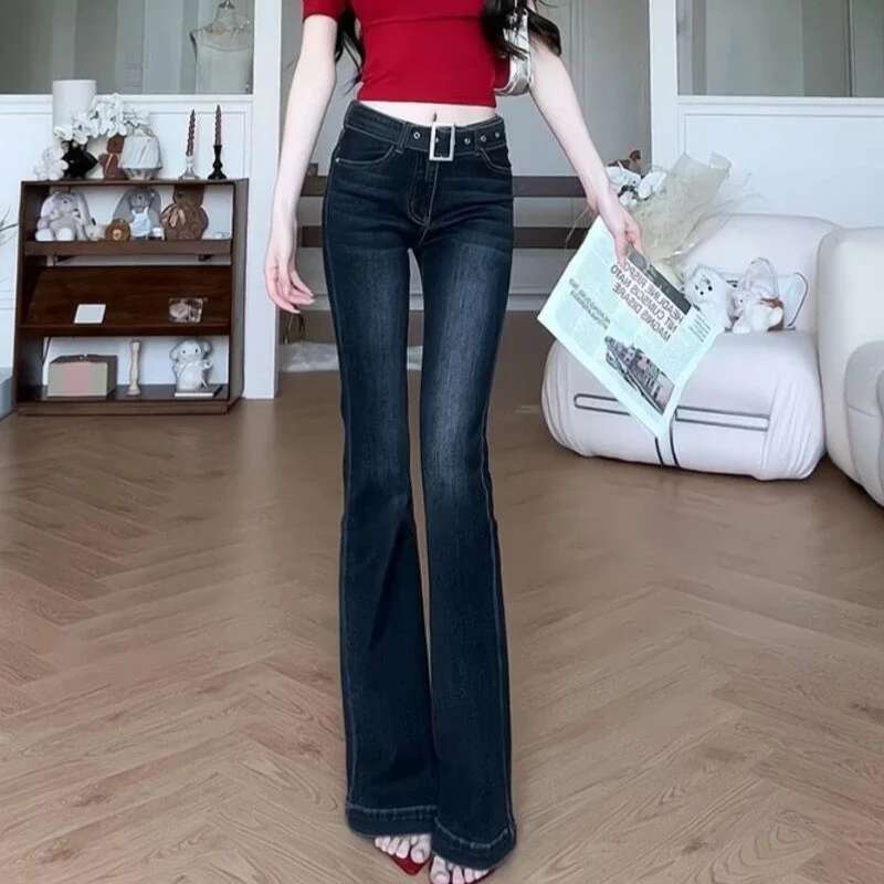 Womens Flared Jeans Solid Color Cowboy Pants for Woman Gyaru Teenagers Clothing Unique Flare Trousers Korean Fashion Stylish R