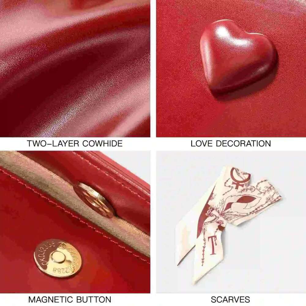 TOUTOU Women Handbag With Adjustable Strap Cowhide Wedding Female Brides Daily Commuting Love One Shoulder Crossbody Red Bag