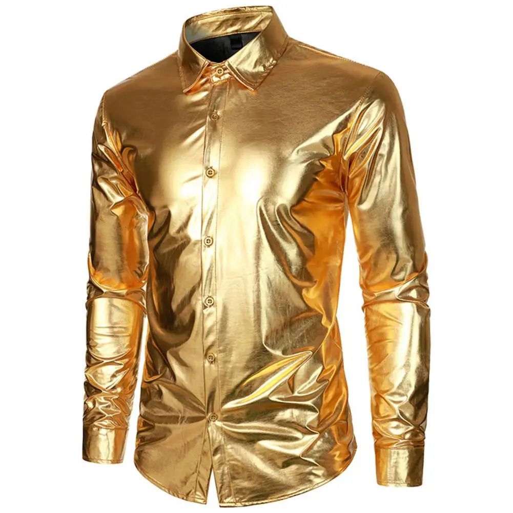 Solid Color Men Shirt Mens Glossy Satin Performance Shirt with Turn-down Collar Single-breasted for Club Party Stage 250616