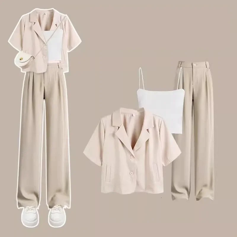 Summer Korean Elegant Thin Short Sleeved Suitsuspenderpants Three Piece Womens Fashion Casual Blazers Matching Set 250612