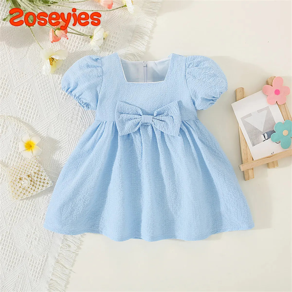 Summer Baby GirlS Dress Solid Color Round Neck Bow For Ladies Daily Wear Knee Length 250617