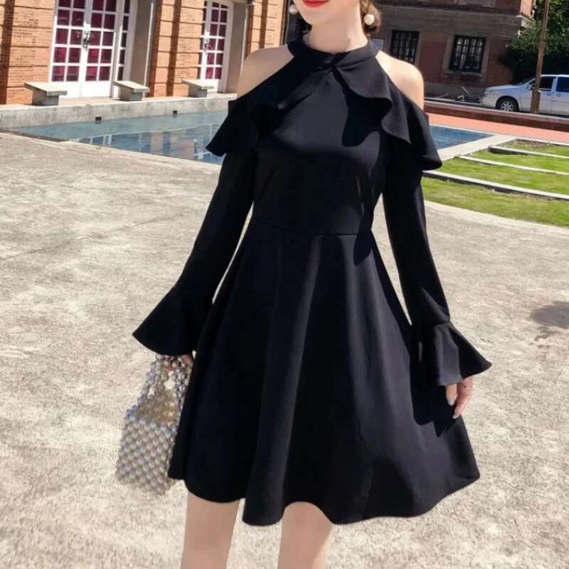 Ruffle Dresses for Women A Line Midi Woman Long Sleeve Dress Y2k Loose Casual Youth Korean Fashion One-piece Sensual Sexy X 2025