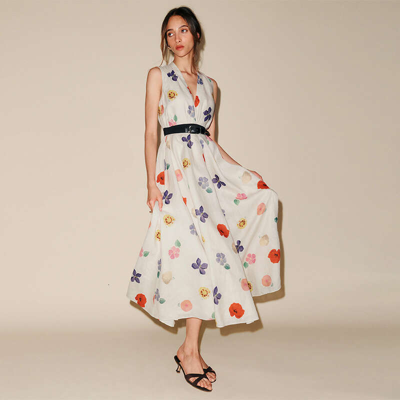 Dresses for Woman Whitedress Bodysuit 850 Without Belt Summer New 2025 Printed Linen Long V-neck Dress French Elegant