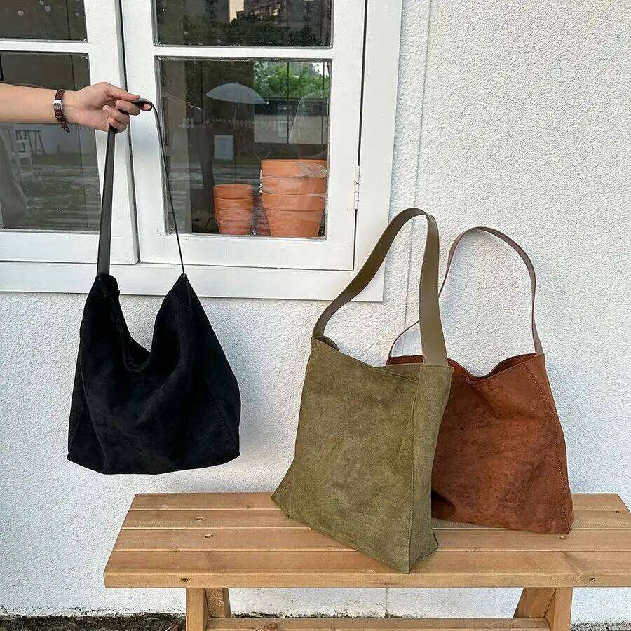 Vintage Faux Suede Women Bucket Shoulder Large Capacity Commuting Female Handbag Casual Big Totes Ladies Hand Bags Green