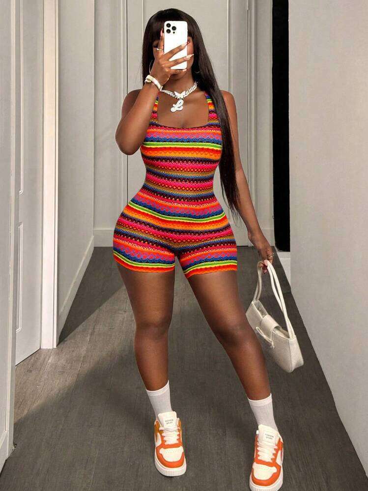 Summer New Women's Sexy Hot Girl Slim Fit Printed Strap U-Neck Bodycon Shorts Jumpsuit B5