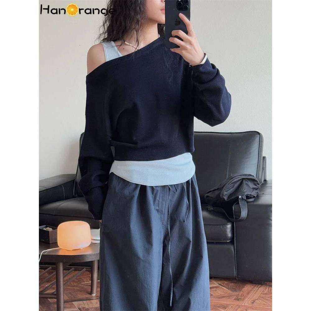 HanOrange 2025 Spring Summer Slant Neck Off Shoulder Two Piece Knitted Top Women Soft Sweater Black/Apricot/Gray/Navy Blue
