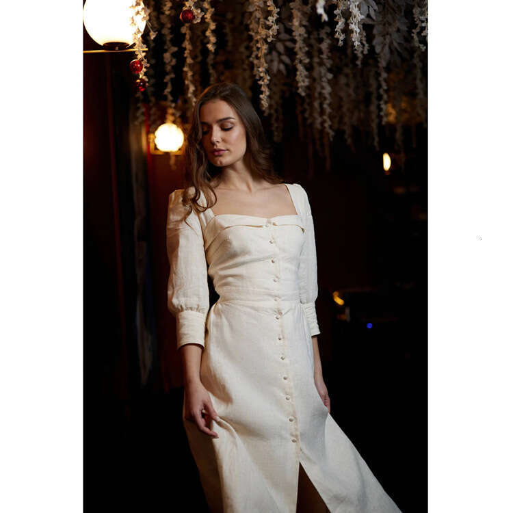 Luxury Dress Sexy Beach Dress Dresses for Woman 442 Summer New 2025 Solid Color Linen Tie Square Neck Over-the-knee Midi Dress French Style
