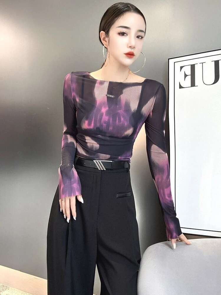 Top for Women Woman T-shirt Slim Tshirt Purple Clothing 2025 Mesh Tee Skinny Xxl 90s Vintage Pulovers One Piece Fine Elegant Old