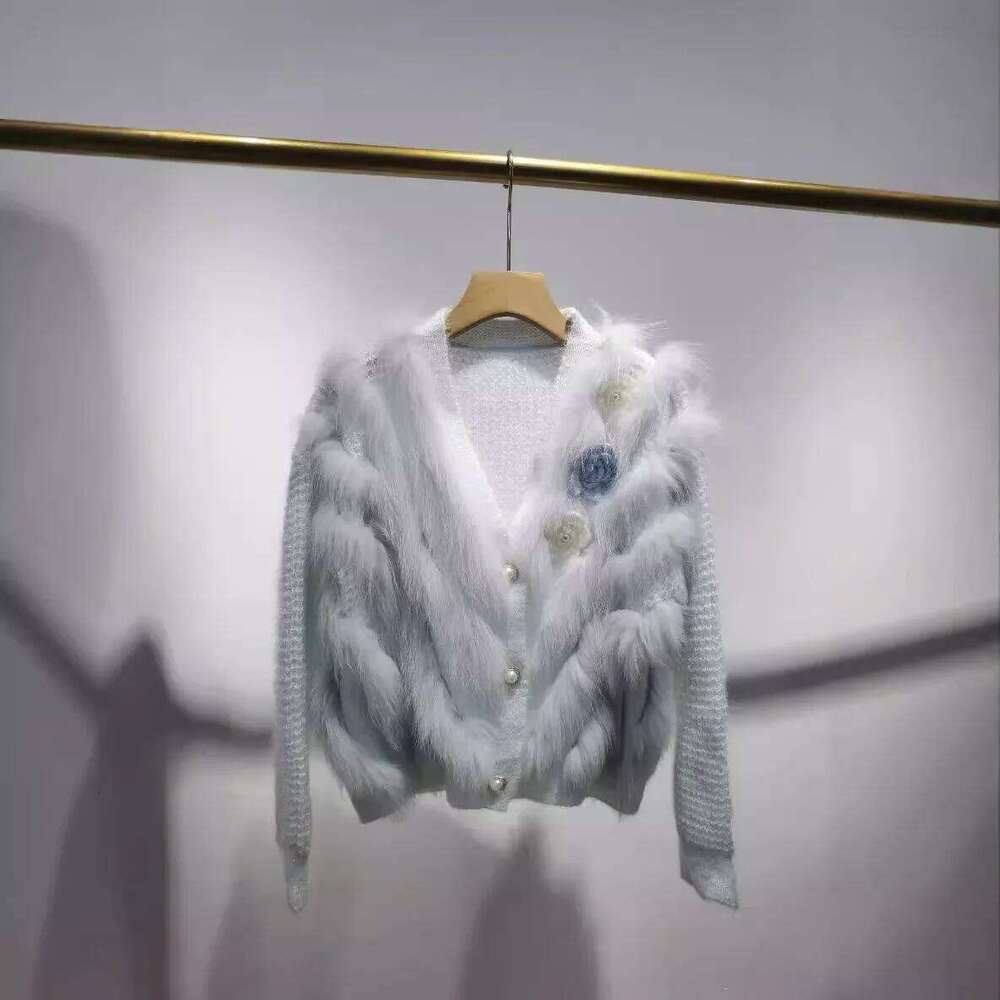 2024 Women Spring Autumn Lady's Fashion Cardigan With Natural Real Knitted Oversize Coat Fox Fur Decoration Sweater
