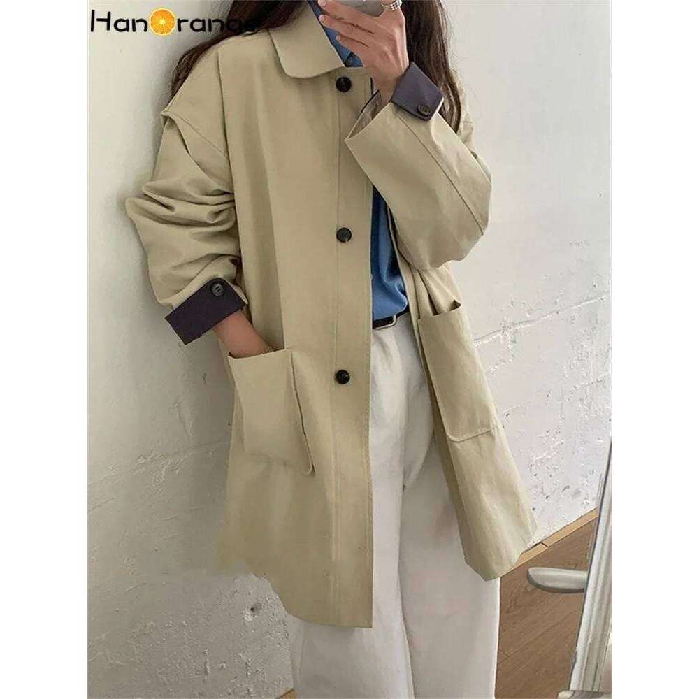HanOrange 2025 Trench Coat Women Simple Spring Loose Versatile Collared Jacket Top Khaki Beige