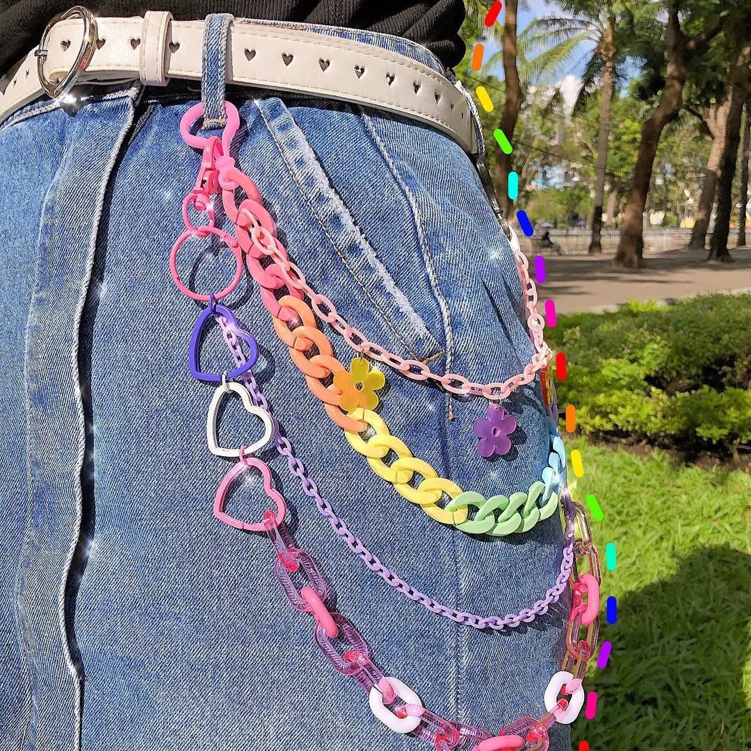Hip Hop Rainbow Resin Chain Keychain Men Women Cute Waist Chain Multicolor Acrylic Flower Pants Trousers Chain Punk Jewelry 250616