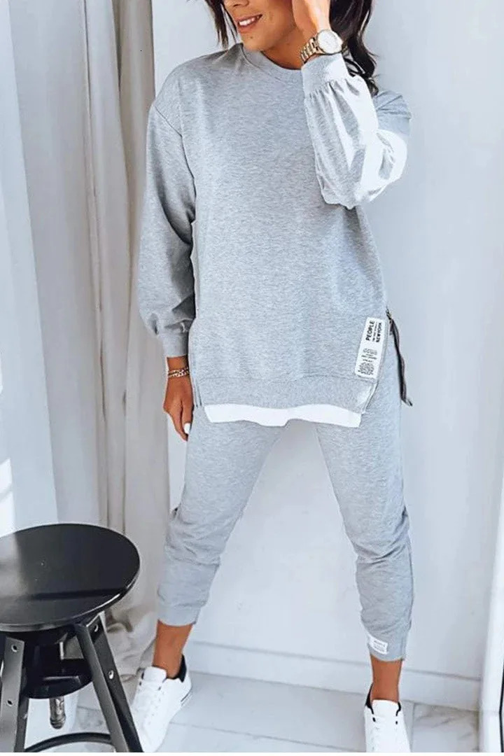 Autumn Patchwork Loose Two Piece Set Womens Fashion Long Sleeve Pullover Suit Casual Hoodie Sports Pencil Pants Outfits 250614