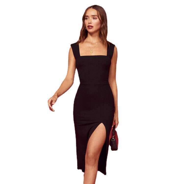 Beach Dress Women Dress Dress Designer Festival Designer Dresses R192 Ref 2025 Summer New Square Neck Knitted Bodycon Slim Split Dress Womens Fashion