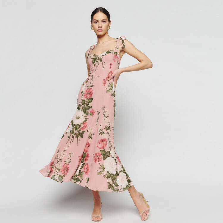 Buttock Maxi Dress for Women Festival 674 Summer New 2025 Printed Over-the-knee Mid-length Slim Fit Strap Dress French Style Womens Fashion