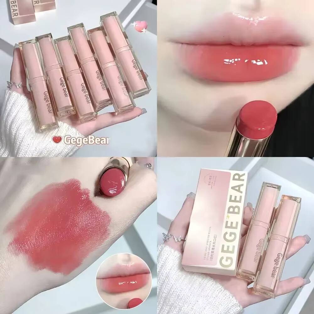 6 Colors Silky Glossy Lipstick Gege Bear Pump Lips Moisture Water Bomb Comfortable Ultra Sheen Non-Stick Cup Lip Balm happy