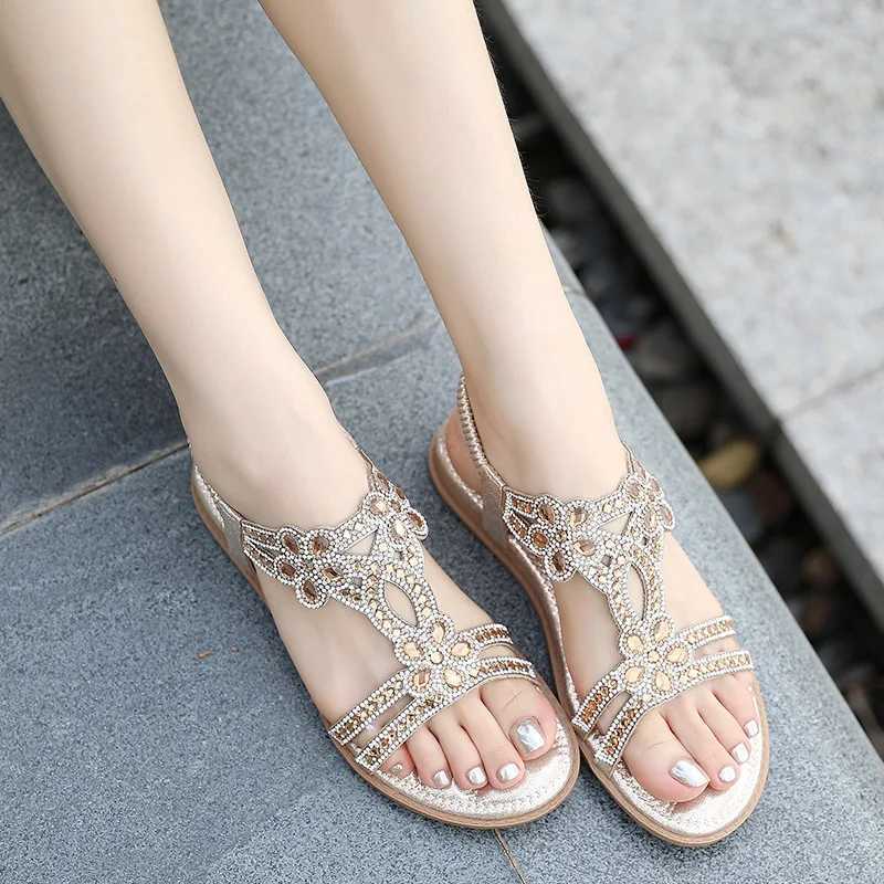 Women Flat Rhinestone Sandals Bohemian Sandals 2025 Summer New Non Slip Beach Elastic Low Heels Roman Sandals Womens Sandals Z250617