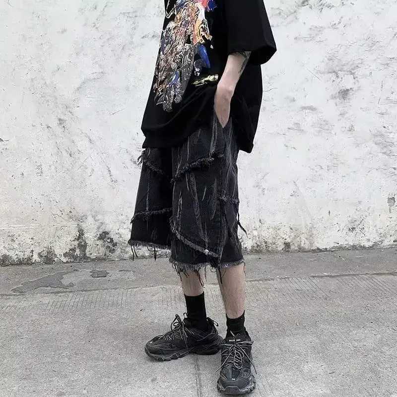 American Raw Edge Denim Men Shorts Summer Oversize Casual Loose Knee-High Dark Cropped Pants Streetwear Men Z250617