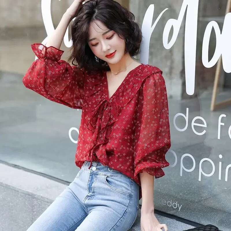 With Puffy Sleeves Womens Shirt and Blouse Floral New Female Tops Youthful Woman Clothes Elegant Chic Clothing Trend 2025 Cute
