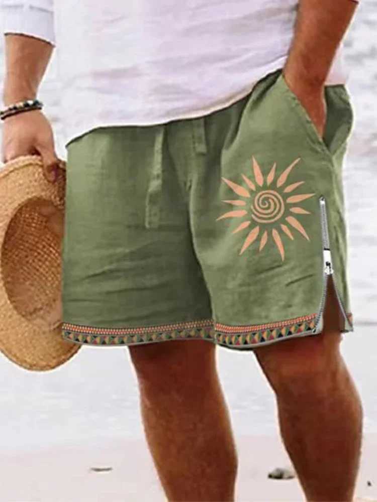 Vintage Zip-up Side Split Shorts Mens Summer Beach Casual Loose Drawstring Men Cotton Linen Shorts Fashion Pattern Print Shorts Z250617