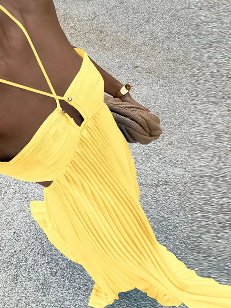 Summer Halter Pleated Long Dress Women Backless Sleeveless Blue Beach Vacation Dresses Female 2025 Fashion Lady A-line Robes 250616