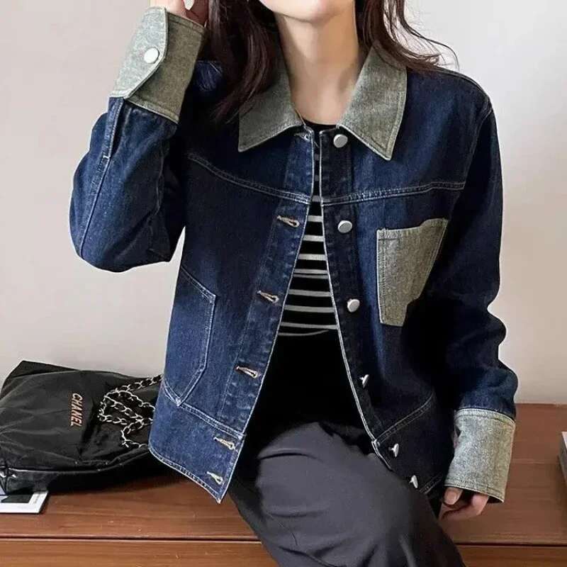 Long Sleeve Contrasting Colors Plain Cowboy Coat Woman Outerwears Outdoor Clothing Novelties Low Cost Denim Jacket for Women