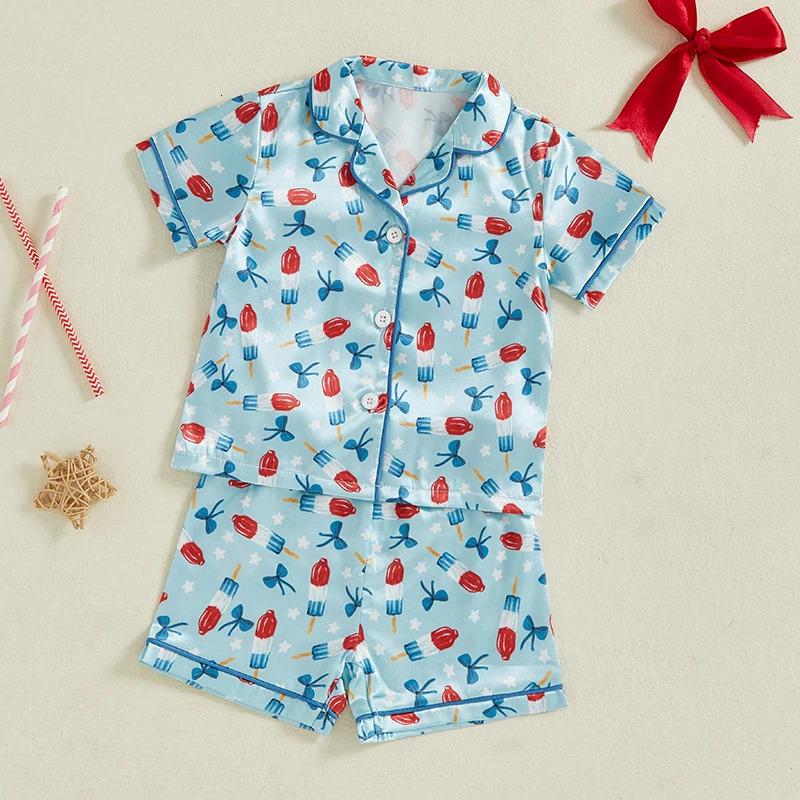 Women s American Flag Print Pajama Set with Bow Detail and Button-Up Shirt Short Sleeves and Elastic Waist Shorts for 250617