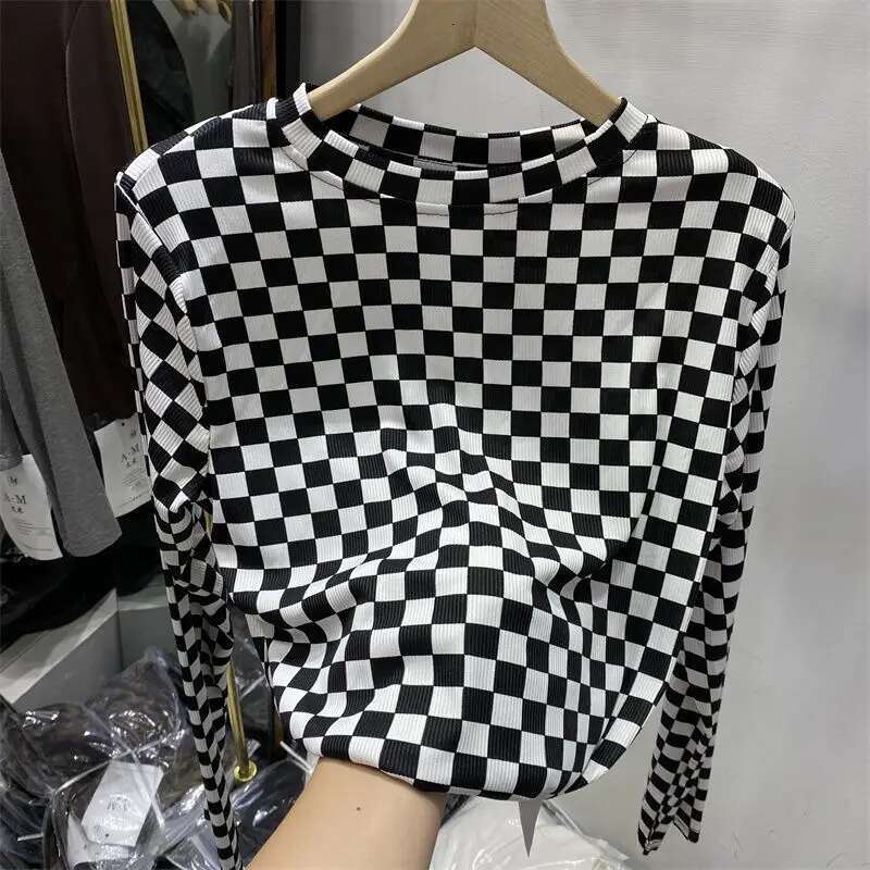 Plaid Clothing Long Sleeve T-shirt Woman Loose Womens Top Luxury New In Young On Sale Tees Offe Aesthetic Polyester O Pulovers